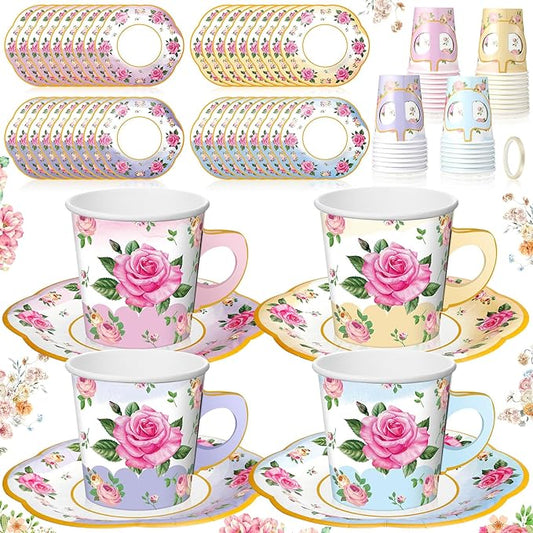 36 Sets Tea Party Decorations 9 oz Floral Paper Tea Cups with Handle and Plates Disposable Blossom Teacups and Saucers Sets for Girls Kids Birthday Garden Wedding Party Supplies(Gradient Mixed Color)