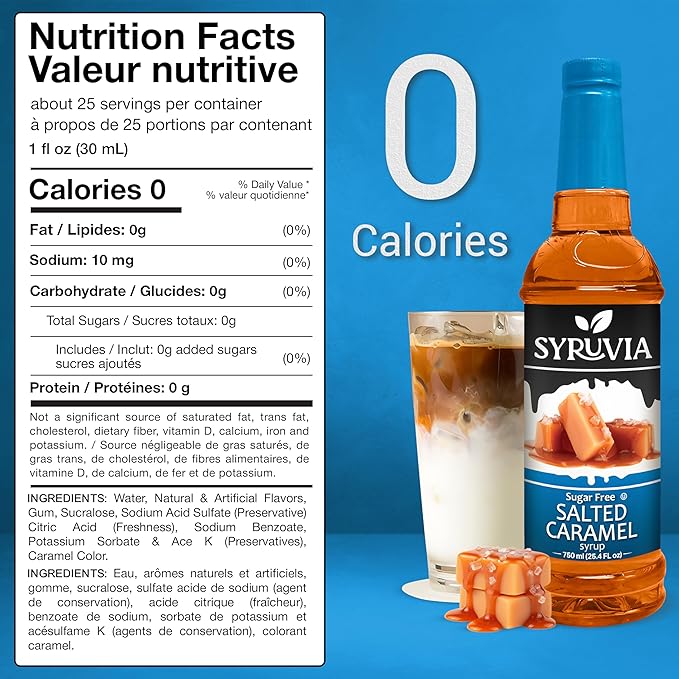 Syruvia Sugar Free Coffee Syrup, Salted Caramel Flavored Syrup for Drinks, Lattes, and Desserts – 25.4 fl oz,
