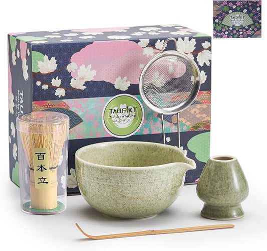 Matcha Whisk Set 5 Pcs, Matcha Kit Set Includes Matcha Bowl, Matcha Whisk and Holder, Bamboo Scoop and Sifter, Ceramic Matcha Set, Matcha Tea Set, Ideal Gift for Family/Friend (Green)