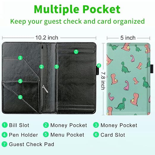 Server Books for Waitress, with 7 Large Pockets, Waiter Serving Book, Waitstaff Server Order Pads, Cute PU Leather Server Book with Pen Holder Fit Server Apron, Cute Dinosaur B - Image 3