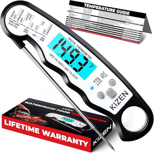 KIZEN Instant Read Meat Thermometer Digital - Food Thermometer for Cooking, Grill, Oven, BBQ - IP67 Rated Waterproof - Large Backlit Display and Magnetic Back