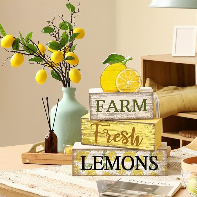 Moucuny 4 Pcs Summer Lemon Decor Wooden Lemon Tiered Tray Decor Farmhouse Rustic Lemons Table Decoration Lemons Book Block Summer Decoration for Home Office Kitchen Mantel Shelf