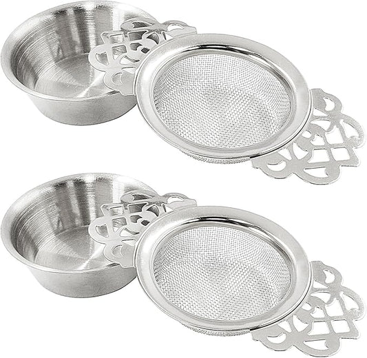 2 Pack Tea Strainers with Drip Bowls, Stainless Steel Tea Strainer Bowl Loose Leaf Tea Filter for 2.5-4 Inch Cup Mouth (Sliver)