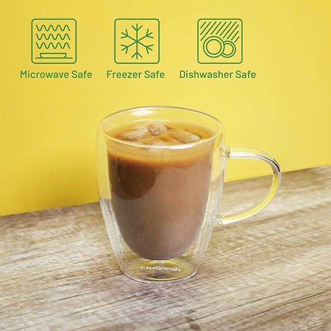 Double Wall Glasses, 12 OZ Insulated Cups with Handle, Perfect for Tea, Coffee, Water, and More (Set of 2)