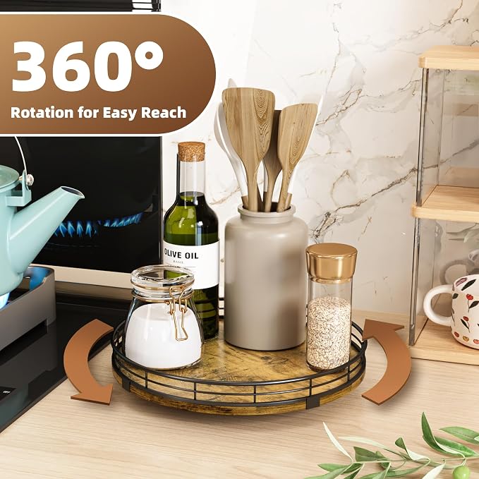 Lazy Susan Turntable Organizer for Table Top, 10’’ Round Wooden Lazy Susan for Cabinet Kitchen Countertop Pantry Dining Coffee Table for Condiments Spices, Rustic Bathroom Vanity Tray for Soap Candle - Image 3