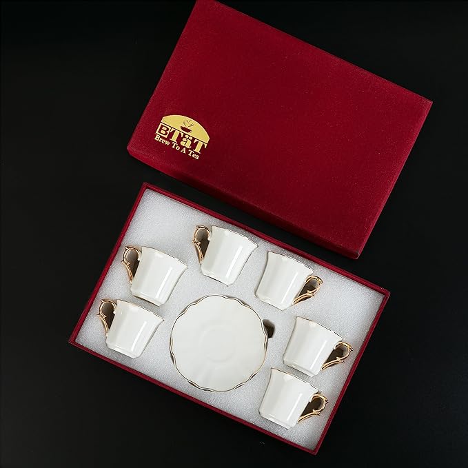 BTaT- Turkish Coffee Cup Set, 3 oz, 6 Pairs (12 pcs), Elegant White Cups & Saucers with Gold Trim & Gift Box, Small Porcelain Espresso Set for Serving Greek, Arabic & Turkish Coffee, Gift Giving