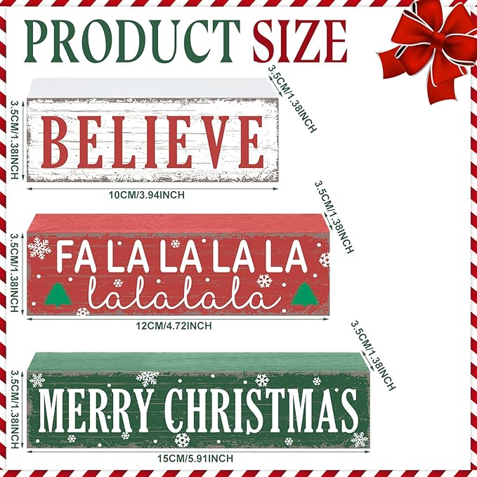 Geelin 4 Pieces Merry Christmas Wooden Table Decorations Xmas Wood Gift Boxes Decor Rustic Christmas Tiered Tray Decor Xmas Believe Tabletop Centerpieces for Home Desk Room Kitchen Shelf