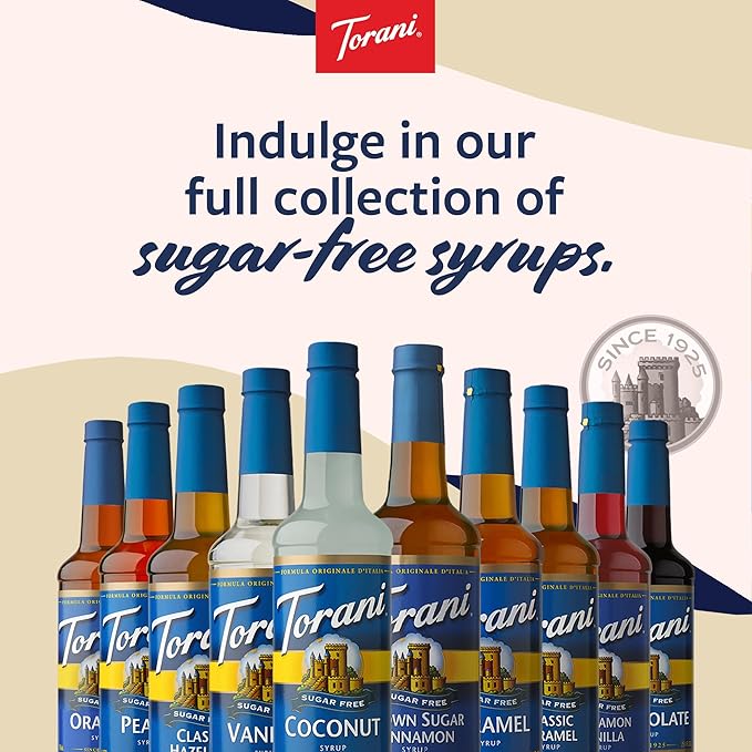 Torani Sugar Free Caramel Syrup and Sugar Free Vanilla Syrup Variety 2-Pack, Coffee Syrups for Drinks, Pumps Included, 25.4 Fl Oz Ea