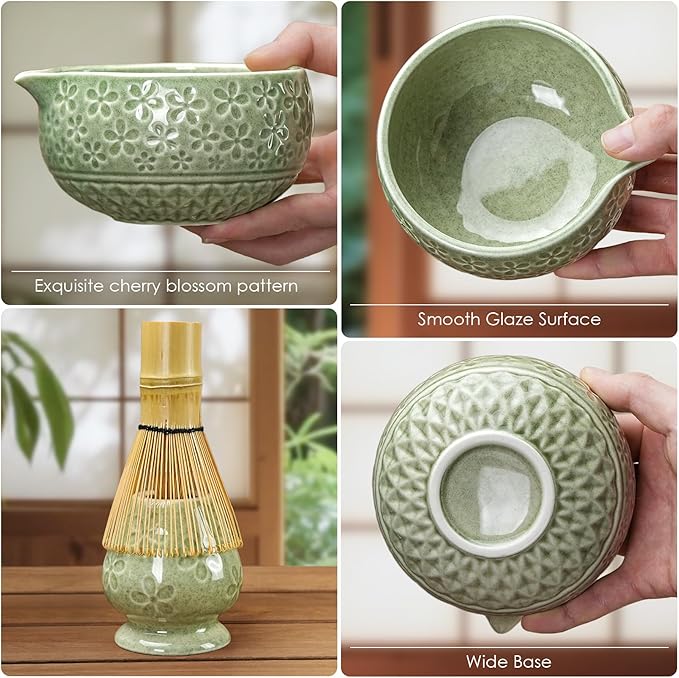 7Pcs Matcha Whisk Set, Matcha Set Whisk and Bowl,Bamboo Scoop, Scoop Rest, Sifter and Tea Towel, Matcha Kit W/Carved Cherry Blossm Pattern for Matcha Lovers (Sakura Green)