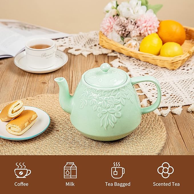 Toptier Leaf Teapot, Porcelain Tea Pot with Infuser and Lid, Blooming & Loose Leaf Ceramic Teapot, 37 Ounce, Light Green