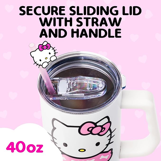 Silver Buffalo Sanrio Hello Kitty Halloween Spooky Skeleton Costume Double Walled Stainless Steel Tumbler with Handle and Straw, Fits in Standard Cup Holder, 40 Ounces