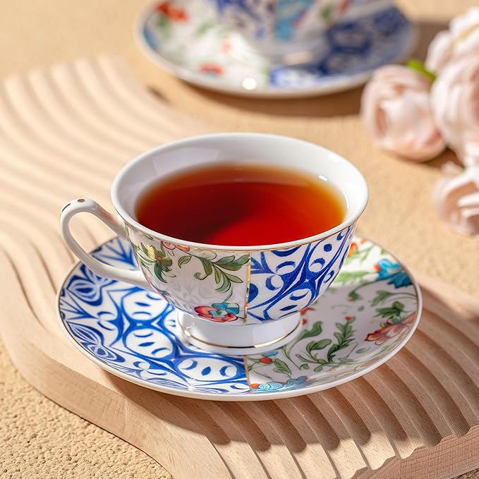 BTaT- Vintage Tea Cups and Saucers Set of 6 (8 oz), Porcelain Tea Cup Sets, Indigo Bloom Floral Design, Dishwasher Safe