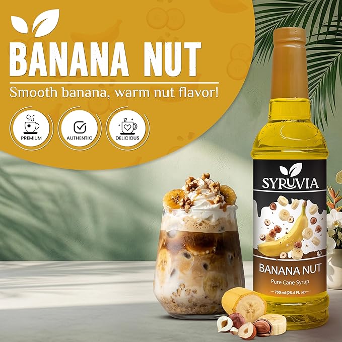 Syruvia Banana Nut Flavored Syrup for Drinks, Cocktails, Lemonades, Iced Teas and Desserts – 25.4 fl oz, With Pump