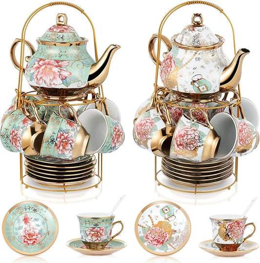 Zhehao 40 Pcs Porcelain Tea Set with Metal Holder and Spoon Adult Ceramic Tea Set European Flower Painting Teapot Cup Saucer Spoon for Women, Large Version (Fresh Style,Bright Style)