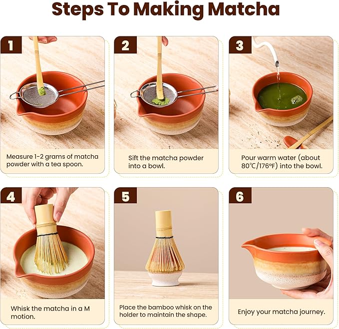 Matcha Whisk Set, Ceramic Matcha Kit Desert Style, Matcha Whisk and Bowl, Bamboo Scoop and Rest, Sifter and Tea Towel, 7 Pcs Gifts for Matcha Lover - Matte Soil
