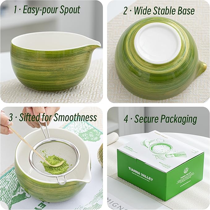 Matcha Whisk Set, 7 Pcs Green Ceramic and Bamboo Tea Ceremony Kit with 480 ML Bowl, Whisk Holder, Scoop, Sifter, Unique Gift Set,Tradition Matcha Tea Set
