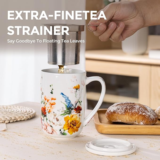 GBhome Tea Mug with Infuser and Lid, 18 Ounce Large Ceramic Loose Leaf Cup, Microwave, Dishwasher Safe, Perfect For Tea Lovers