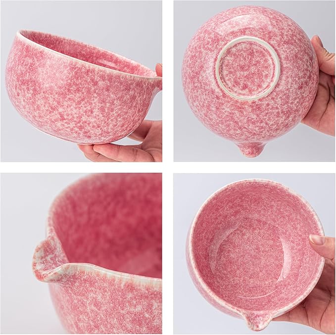 TEANAGOO Matcha Whisk Set,7 Pcs Matcha Set Pink,Ceremony Matcha Kit,Matcha Tea Set for Making Latte,Ceramic Bowl(chawan) whith Spout and Whisk,Gift for Matcha Lovers