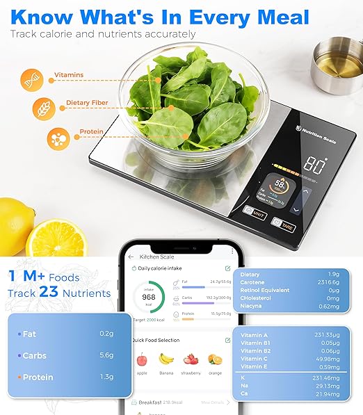 Smart Food Scale with Nutritional Calculator, Calorie Scale for Weight Loss, Free App for Scan, Nutrients Tracking, Food Preload, Color Display with 5 Units, Tare, Stainless Steel, 11lb, Grey