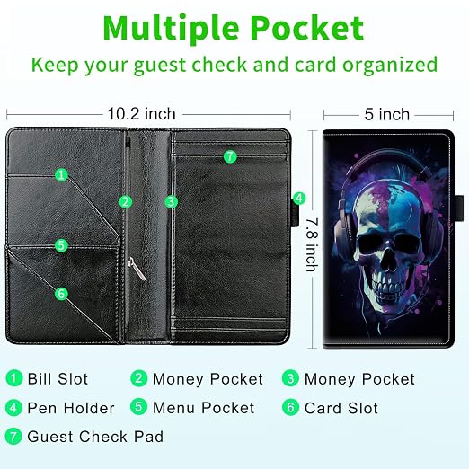 Server Books for Waitress, with 7 Large Pockets, Waiter Serving Book, Waitstaff Server Order Pads, Cute PU Leather Server Book with Pen Holder Fit Server Apron, Skull in Headphones - Image 3