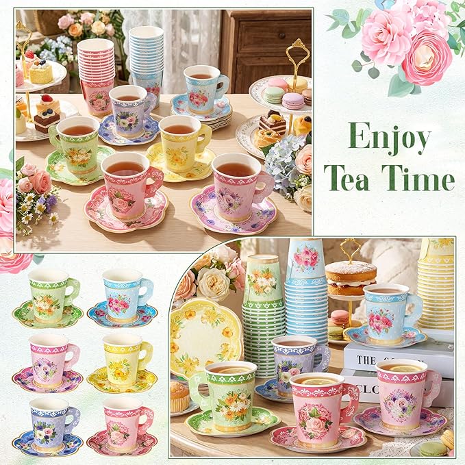 Nuogo 300Pcs Floral Paper Tea Cups and Saucers 9 OZ Disposable Tea Cup with Handle and Plates for Party Supplies Wedding Birthday Baby Shower Bridal Mother's Day, Serve 150 Guest(Fresh Color)