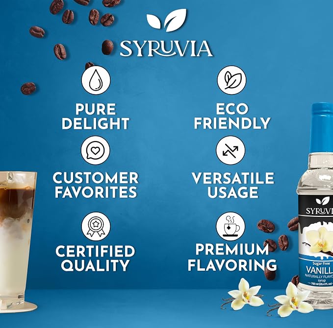 Syruvia Sugar Free Vanilla Syrup for Coffee – Zero Sugar Vanilla Coffee Syrup, for Lattes, Drinks & Beverages – 25.4 fl oz, With Pump - Image 5