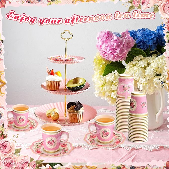 Vesici 150 Pcs Floral Tea Party Decorations for Table 9 oz Disposable Paper Tea Cups with Handles Plates, Saucers and Napkins Set for Spring Party Girl Birthday Wedding Mothers Day(Vivid Style)