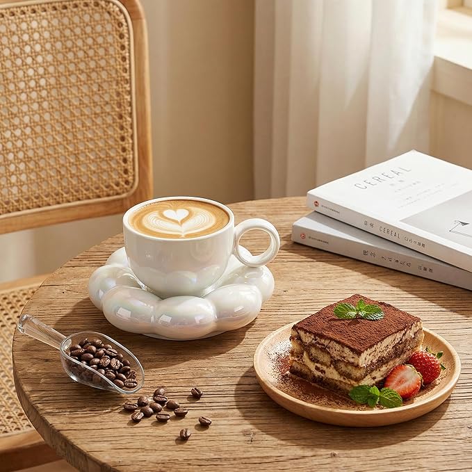 Goaste 2 Pack Ceramic Coffee Mug with Saucer Set, Cute Cloud Mug with Sunflower Coaster, 8oz Creative Latte Tea Cup for Office, Home, Coffee, Tea, Latte, Milk, Pink, Pearl White