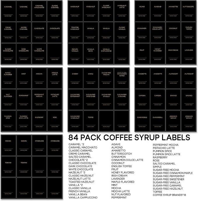 KYONANO 84 Coffee Syrup Labels for Coffee Bar Accessories, Luxury Pattern Décor for Coffee Station, Waterproof Coffee Labels for Coffee Syrup Dispenser & Bottle Organization - Image 7