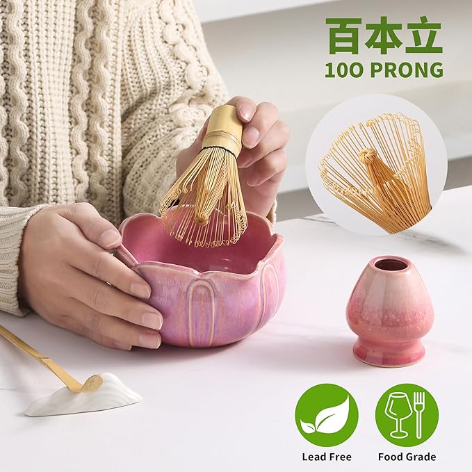 Matcha Whisk Set, Ceramic Matcha Set 8 Pcs, Matcha Kit Set Includes Matcha Bowl, Matcha Whisk and Holder, Bamboo Scoop and Rest, Sifter and Tea Towel, Ideal Gift for Family/Friend (Pink)