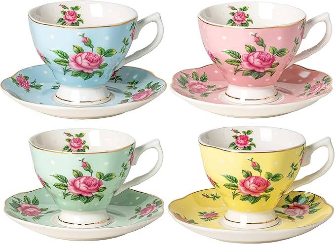 BTaT- Floral Tea Cups and Saucers, Set of 4, 8 oz, Fine Porcelain Teacup Set with Gold Trim for Afternoon Tea, Weddings, Parties & Gifting, Dishwasher Safe, Lightweight, Non-Toxic