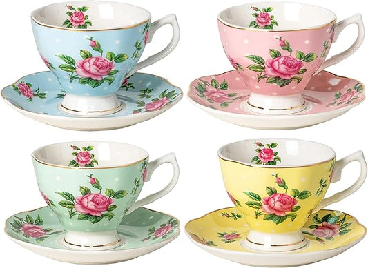 BTaT- Floral Tea Cups and Saucers, Set of 4, 8 oz, Fine Porcelain Teacup Set with Gold Trim for Afternoon Tea, Weddings, Parties & Gifting, Dishwasher Safe, Lightweight, Non-Toxic