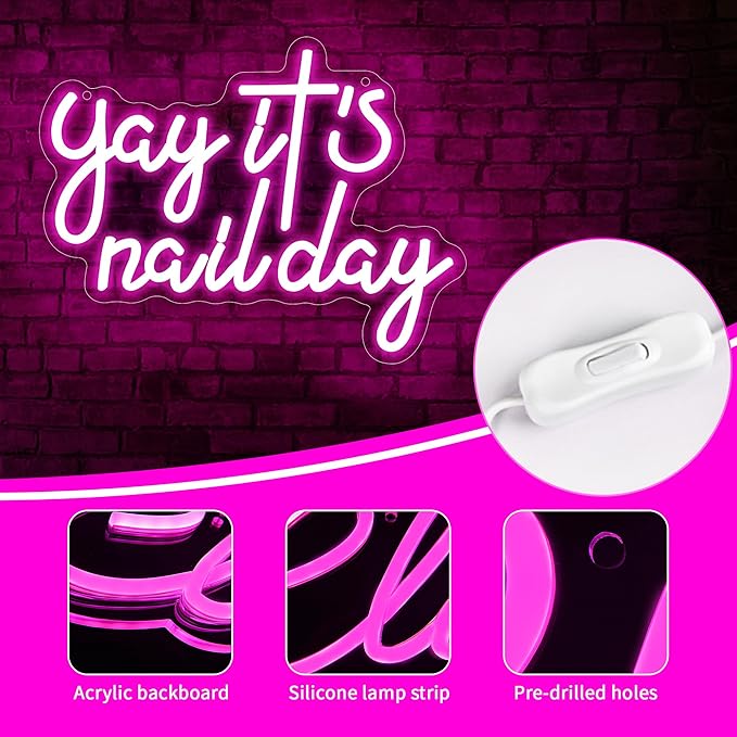 Yay It's Nail Day Neon Sign for Wall Decor Neon Light for Salon Bar Beauty Room Bedroom Great Gift for Nail Tech Girls Christmas Birthday Gift for Women Size 13.8 * 10.9in(XD354)