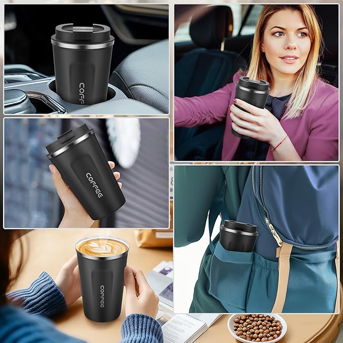 MOMSIV 12oz Travel Mug, Insulated Coffee Cup with Leakproof Lid, Vacuum Stainless Steel Double Walled Reusable Tumbler for Hot and Cold Water Coffee and Tea In Travel and Car Black