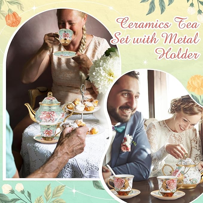 Zhehao 40 Pcs Porcelain Tea Set with Metal Holder and Spoon Adult Ceramic Tea Set European Flower Painting Teapot Cup Saucer Spoon for Women, Large Version (Fresh Style,Bright Style)