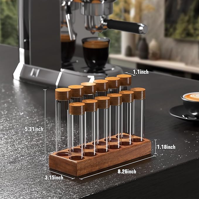 Coffee Bean Cellars with Stand & Hopper, Single Dose Coffee Bean Storage, 12 Pcs Espresso Bean Container with Wooden Holder, Dosing Glass Vials with Lids and Funnel for Coffee, Spices, Tea