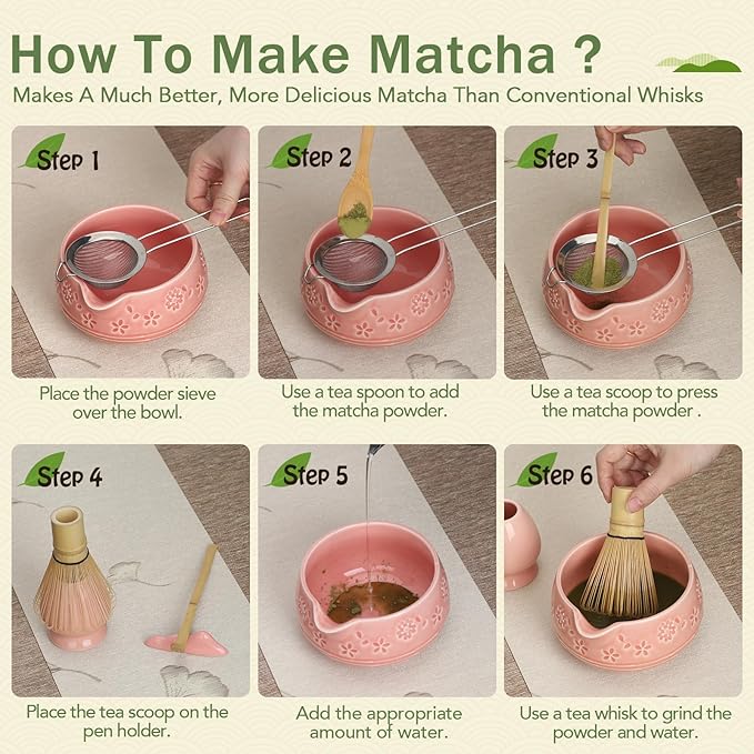 Matcha Whisk Set, Ceramic Bowl with Spout, Bamboo Matcha Whisk & Spoon, Chasen Holder, Scoop Rest, Sifter, 8-Pcs Japanese Ceremony Matcha Powder Kit–Valentine's Day Gift for Women-Pink