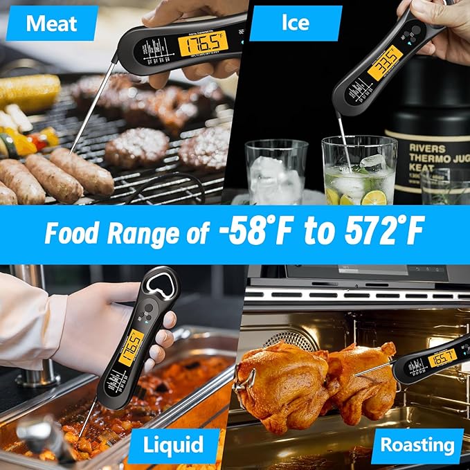 Digital Meat Thermometer for Cooking, Biison Wireless Instant Read Meat Thermometer Waterproof, Backlight, Ultra-Fast Accurate and 180° Folding Probe Kitchen Thermometer for Turkish/Grill
