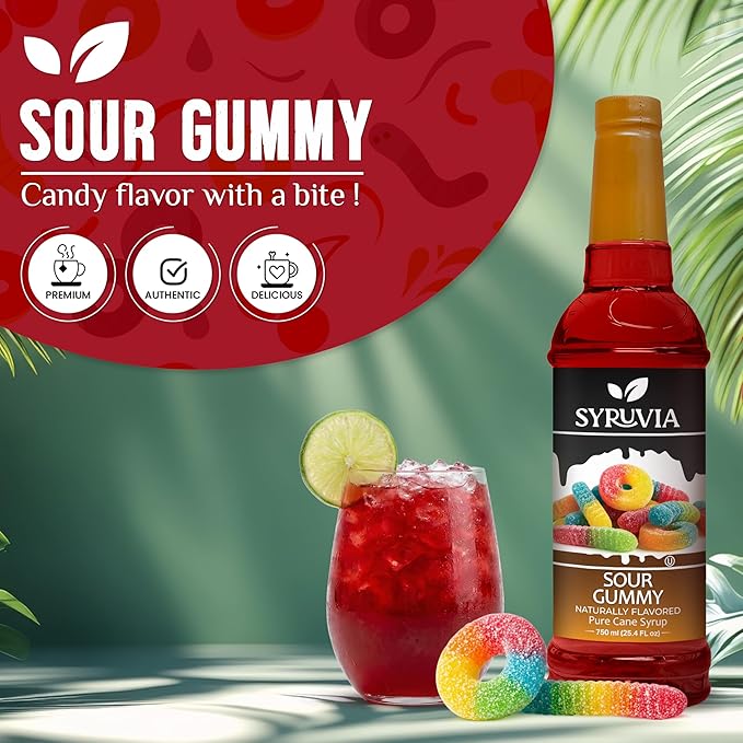 Syruvia Sour Gummy Flavored Syrup for Drinks, Cocktails, Lemonades, Iced Teas and Desserts – 25.4 fl oz, With Pump