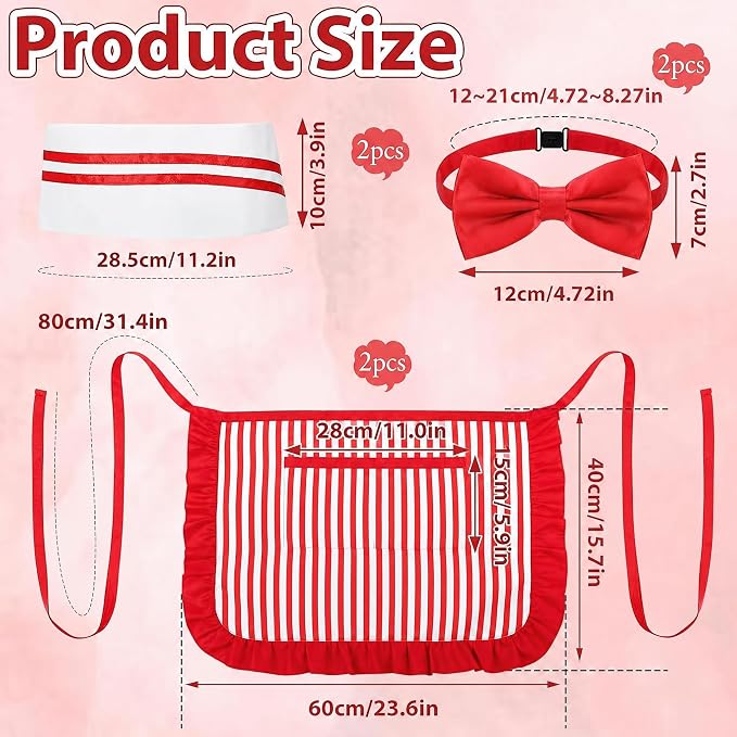 1950s Waiter Costume Kit, Soda Jerk Costume, Red and White Striped Half Apron with 2 Pockets, Chef Hat, Red Bow Ties - Image 2