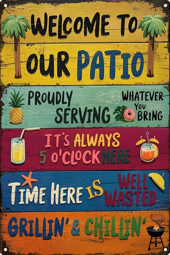 Patio Party Metal Sign 8x12in Retro Bar Plaque for Outdoor Grill Area Backyard Decor Entertaining Gift