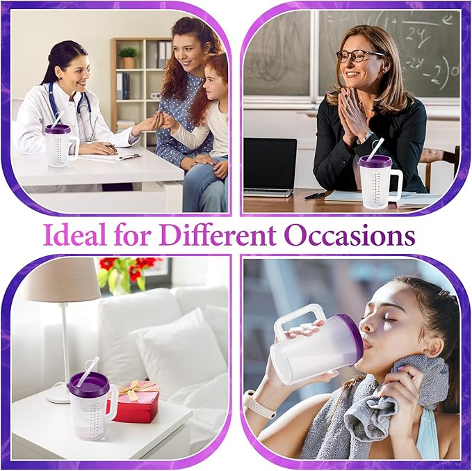 4 Pcs 20 oz Hospital Water Cup with Straw and Lid Insulated Double Walled Elderly Water Bottle Hospital Carafe Mug with Handle Graduated Plastic Drinking Sippy Cup for Adult(Purple)