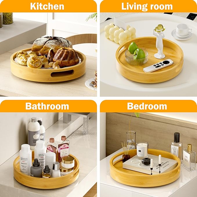 Lazy Susan Organizer Homerays 12 Inch Non-Skid Bamboo Lazy Susan for Kitchen Rotating Spice Rack with Handles, Wood Turntable for Kitchen Cabinet,Countertop (Bamboo, Medium) - Image 6