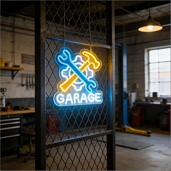 Garage LED Neon Sign, Wrench Hammer Gear Motif Accent USB Powered Decorative Neon Light for Garage Auto Shop Workshop Man Cave Wall Table Automotive Theme Decor 13.8 x 13.8 In - Image 6