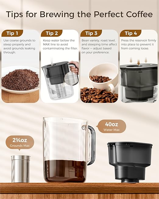Waterdrop Cold Brew Coffee Maker with 1 Magnesium Water Filter for Well-Balanced Acidity, Unlocks Aroma, BPA-Free Cold Brew Pitcher, Stainless Steel Filter for Iced Coffee, Tea, Lemonade, Black
