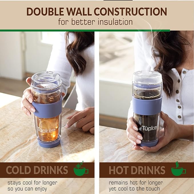 Tupkee Double Wall All Glass Tumbler - 14-Ounce, Reusable Insulated Tea/Coffee Mug & Lid, Hand Blown Glass Travel Mug - Jacaranda - 2 Pack