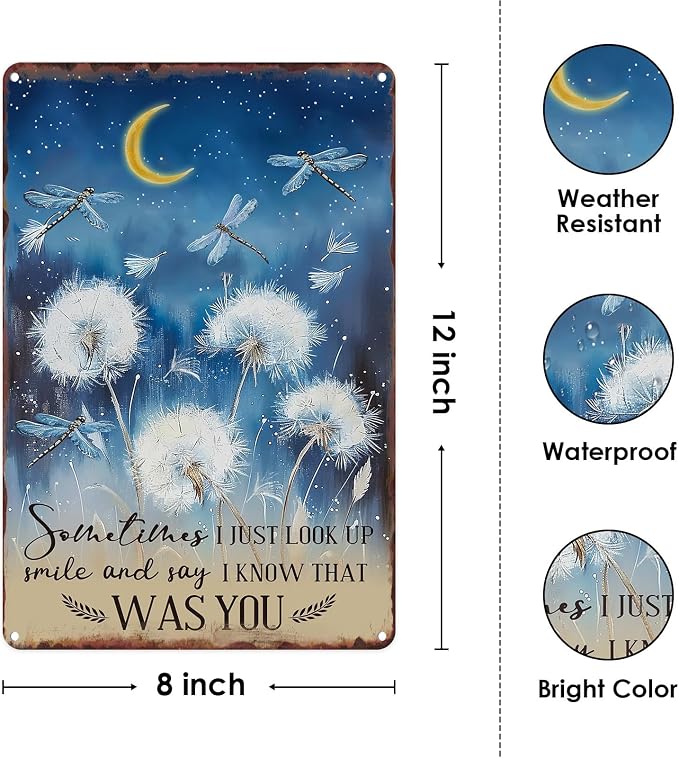 Sanwarm Metal Sign 8X12 Inch, Just Look Up Smile Say I Know That Was You Dragonfly Dandelion Inspiring Vintage Tin Sign Wall Art Decor for Home, Living Room, Bedroom, Office, Cafe And Pub Decoration - Image 2