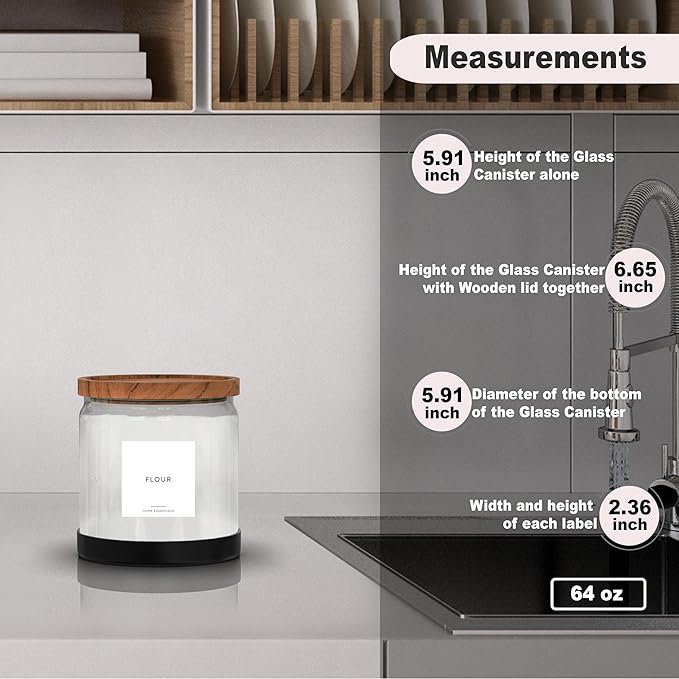 Glass Canister with Lid - Half Gallon Kitchen glass canisters with airtight lids Perfect for Pantry Storage, Flour Jar, Rice container, Cookie Jar, Coffee bean storage with 30 Labels & Non Slip Base