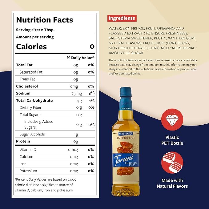 Torani Zero Sugar Puremade Syrup, Toffee Nut Flavoring for Drinks, Pump Included, 25.4 Fl Oz - Image 2