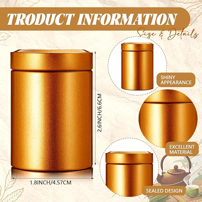 20 Pcs Mini Tea Tin Canister 1.8 × 2.6" with Round Airtight Double Lid Small Kitchen Tea Canister Container for Travel Business Leaf Coffee Candy Spices Herbs (Gold)